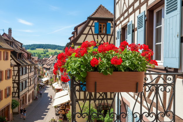 Balconnière Paros avec géranium village d'alsace