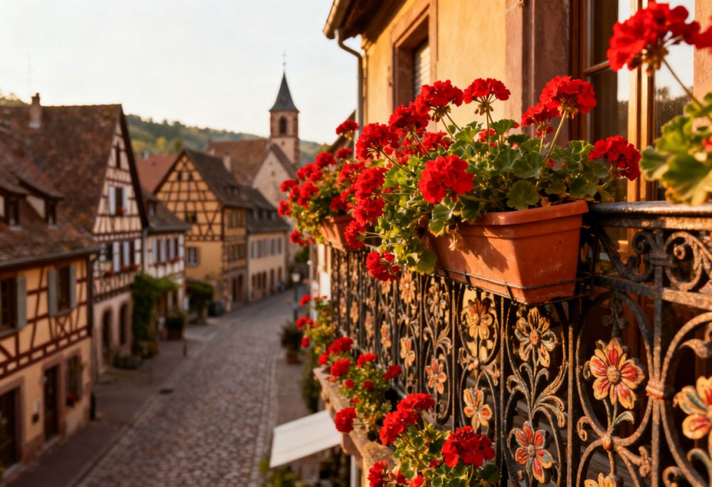 Géraniums sur balcon en Alsace